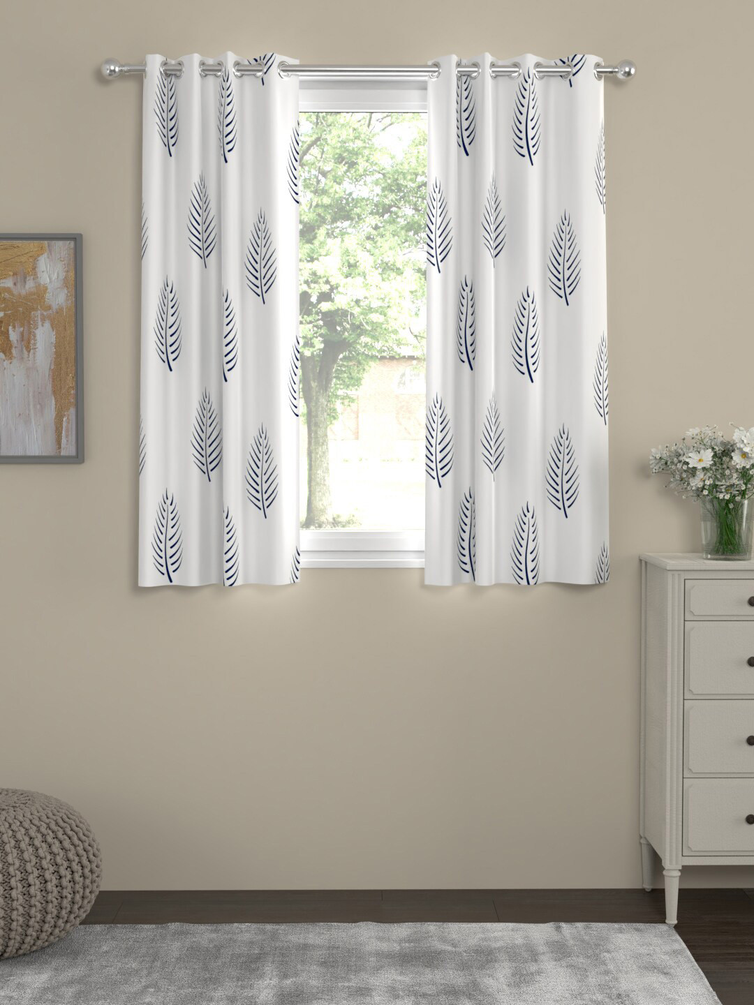 

URBAN SPACE White & Blue 2 Pieces Floral Printed Cotton Window Curtains