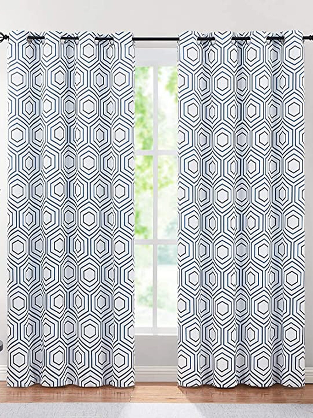 

URBAN SPACE Blue & White 2 Pieces Geometric Printed Cotton Window Curtains
