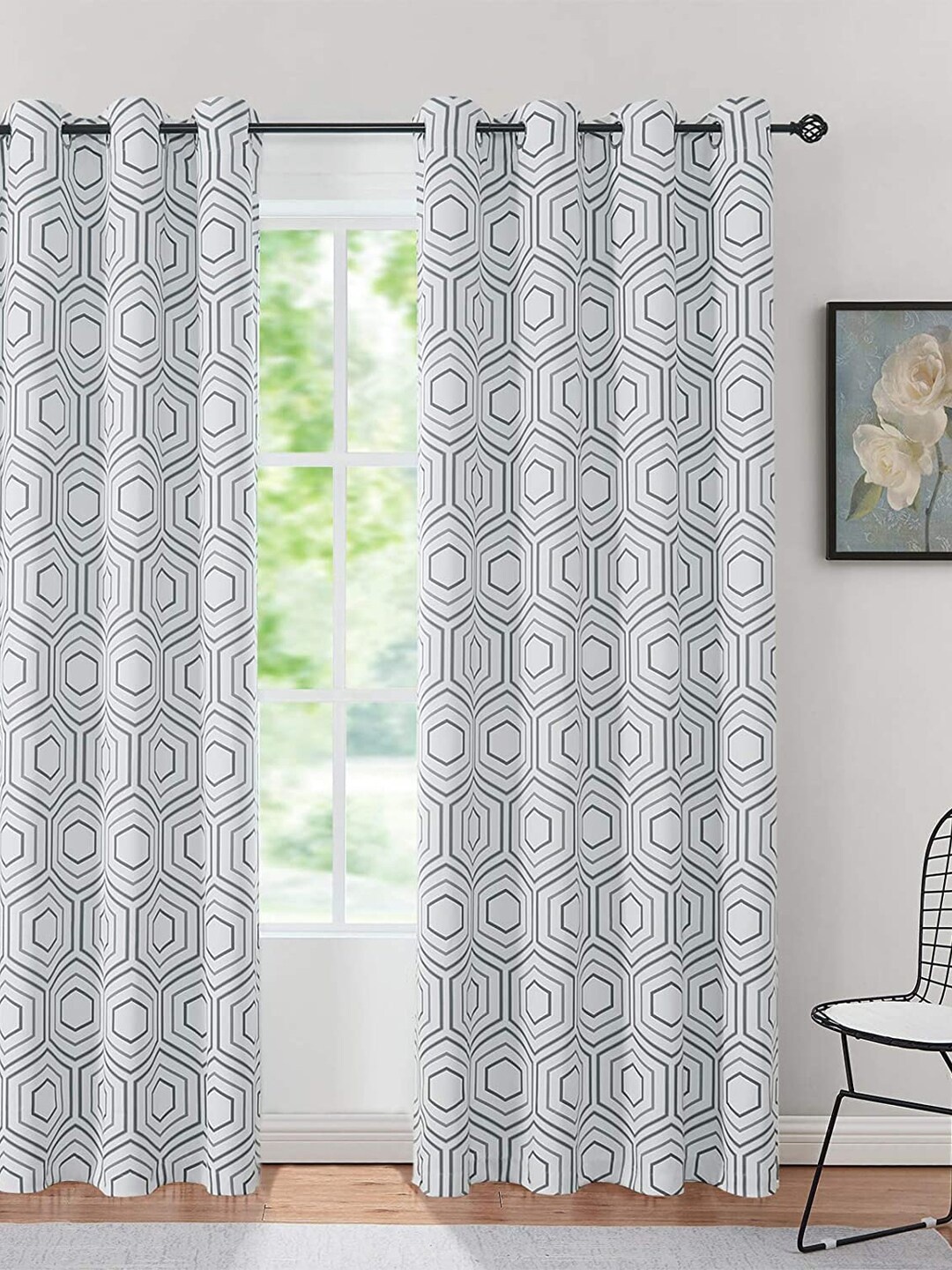 

URBAN SPACE White & Black 2 Pieces Geometric Printed Cotton Window Curtains