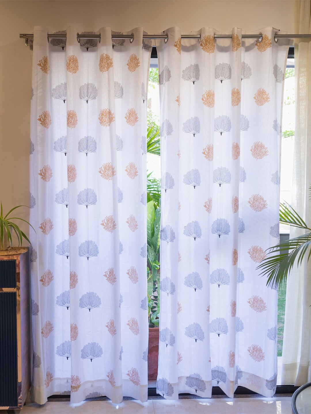 

URBAN SPACE White & Brown 2 Pieces Floral Printed Cotton Window Curtains
