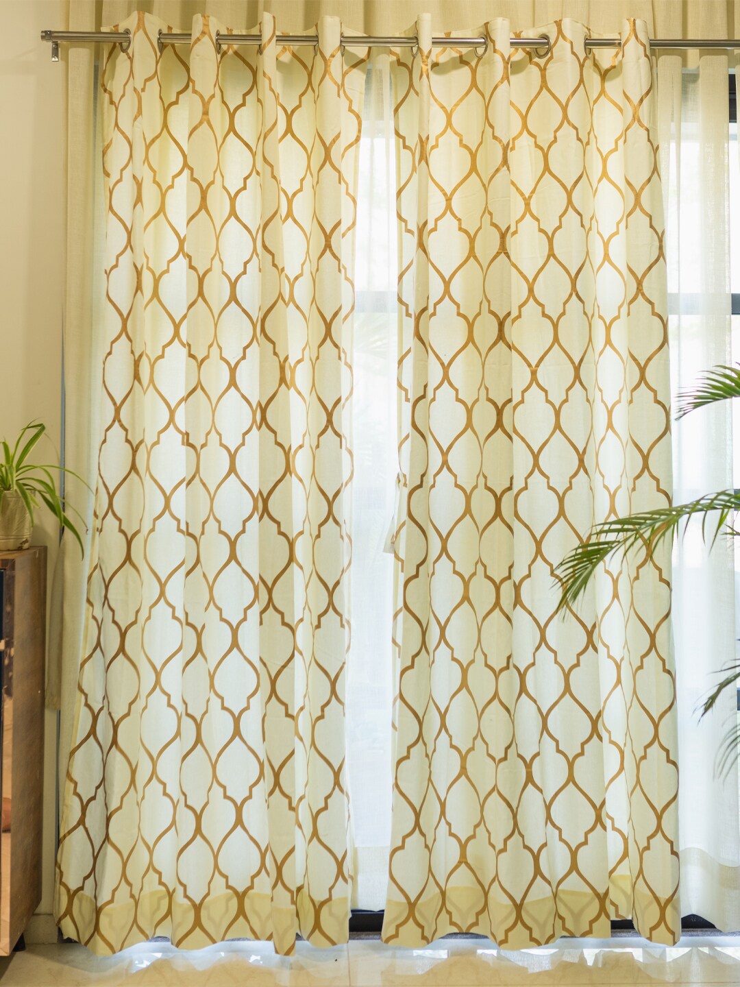 

URBAN SPACE Gold-Toned & Brown 2 Pieces Geometric Printed Cotton Window Curtains