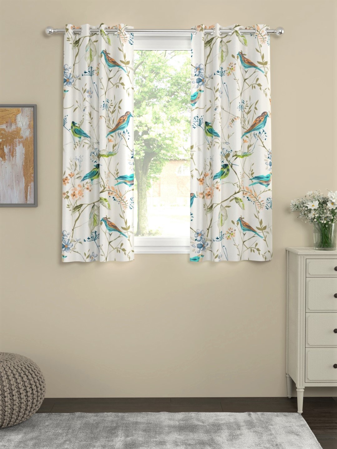 

URBAN SPACE White & Blue 2 Pieces Quirky Printed Cotton Window Curtains