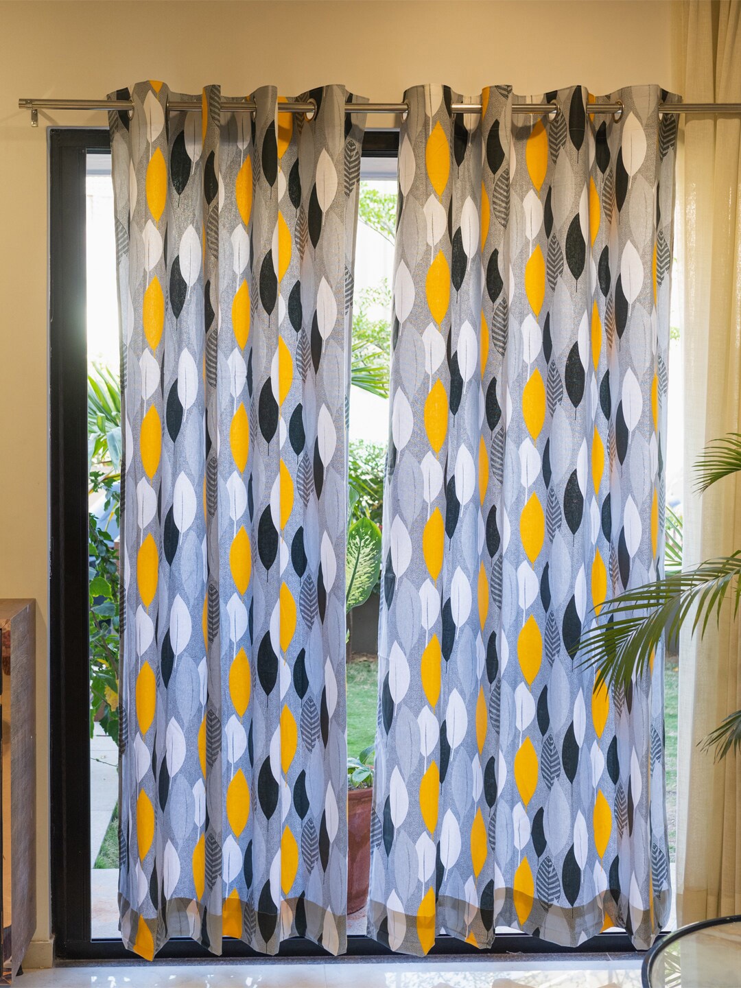 

URBAN SPACE Mustard & Blue 2 Pieces Floral Printed Cotton Window Curtains