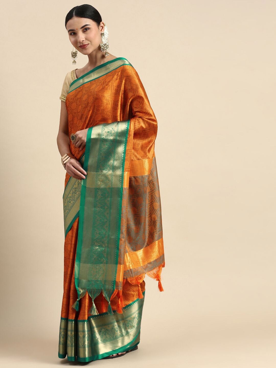 

Nimidiya Floral Woven Design Zari Silk Cotton Saree, Mustard