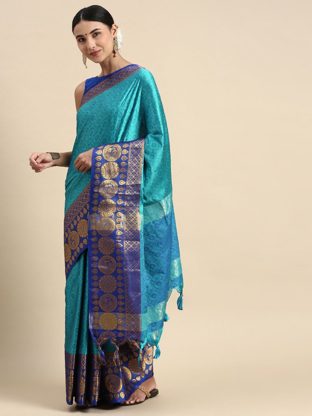 

Nimidiya Floral Woven Design Zari Silk Cotton Saree, Blue