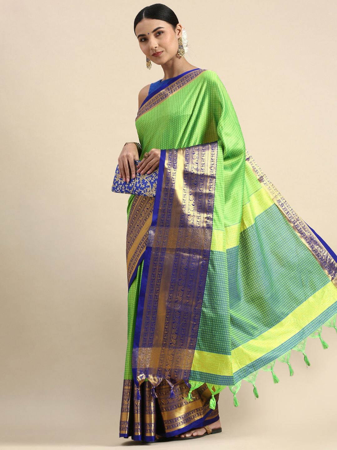 

Nimidiya Checked Zari Silk Cotton Saree, Green