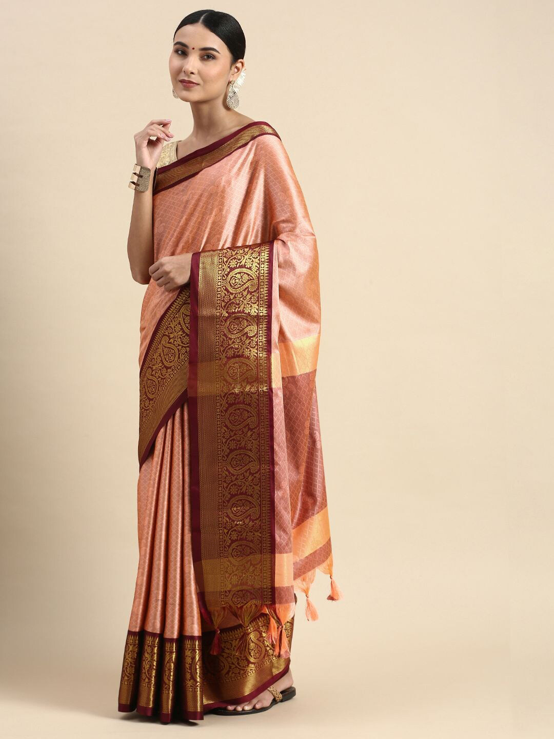 

Nimidiya Paisley Woven Design Zari Silk Cotton Saree, Peach