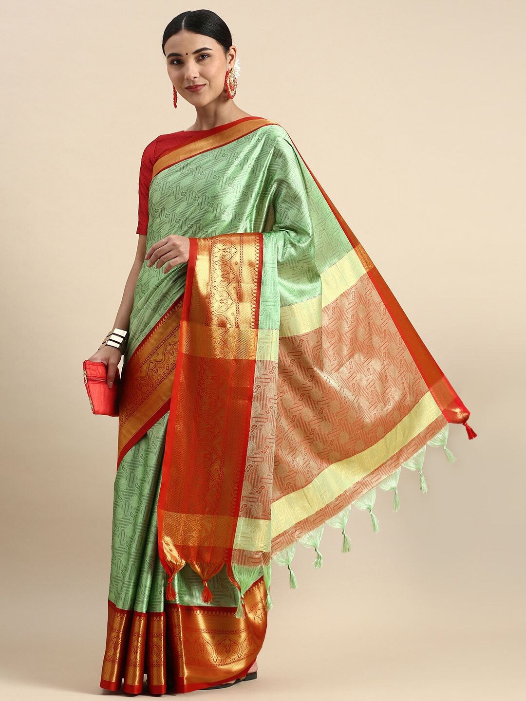 

Nimidiya Floral Woven Design Zari Silk Cotton Saree, Sea green