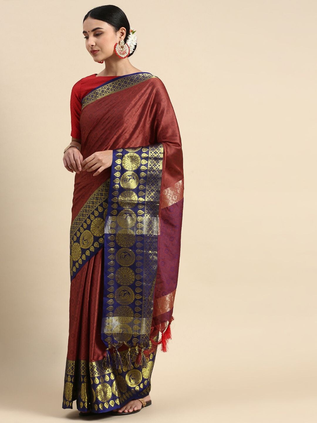 

Nimidiya Floral Woven Design Zari Silk Cotton Saree, Maroon