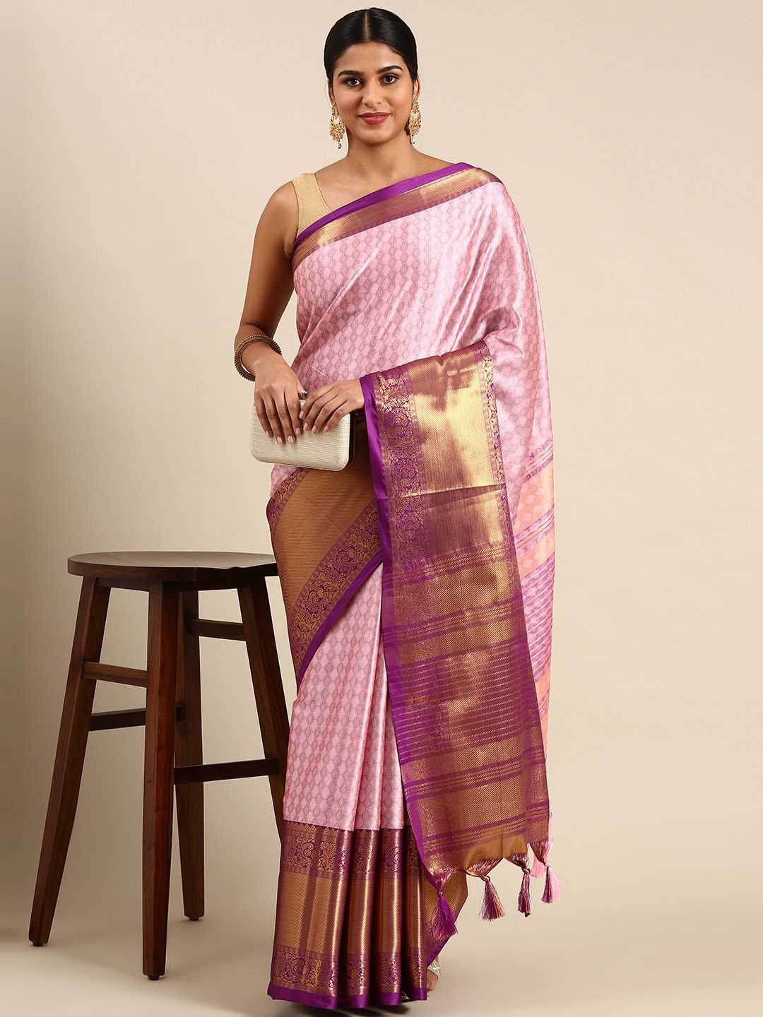 

Nimidiya Ethnic Motif Woven Design Zari Silk Cotton Saree, Pink