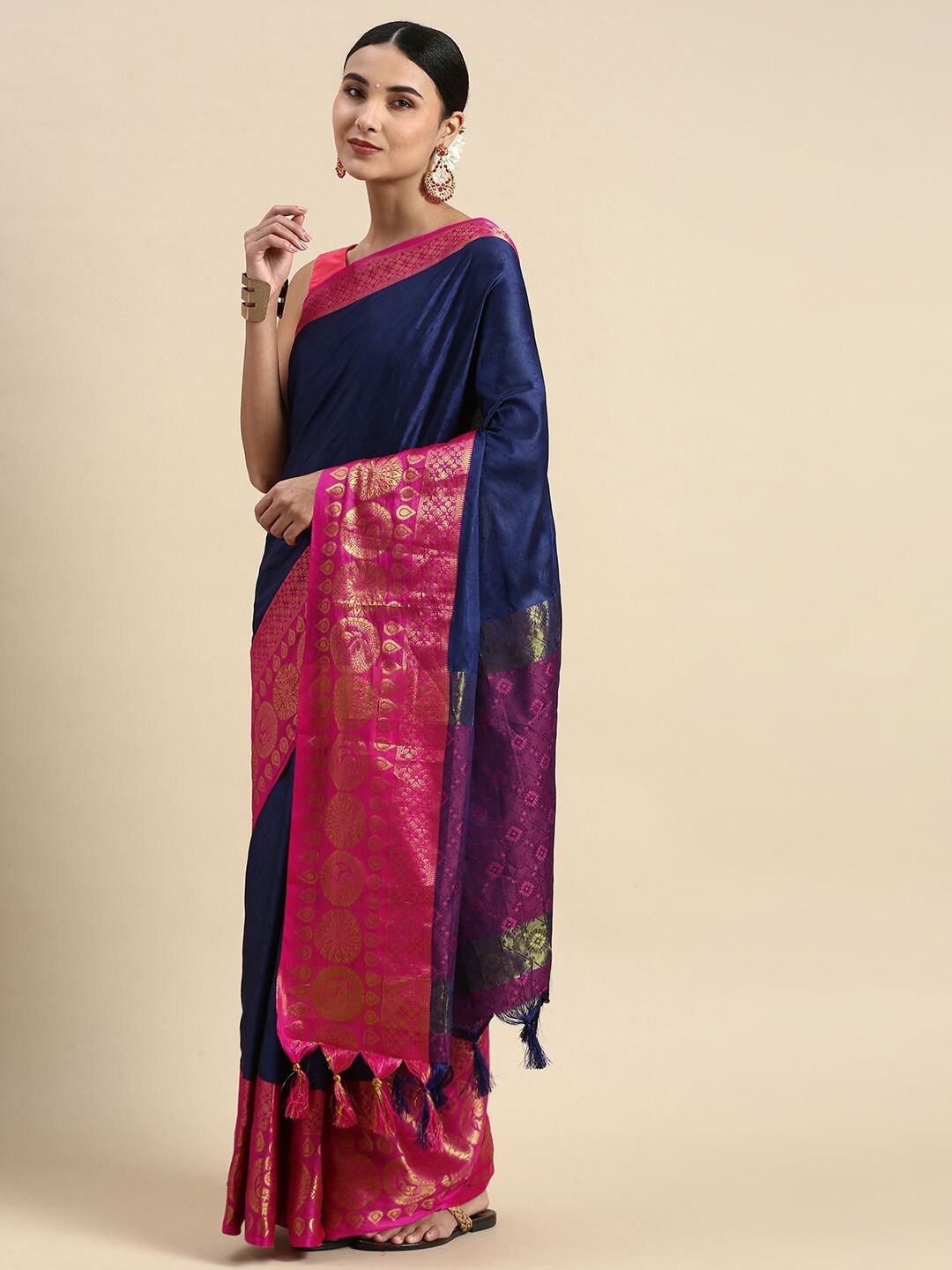 

Nimidiya Floral Woven Design Zari Silk Cotton Saree, Navy blue