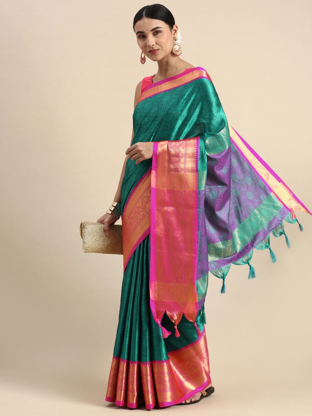 

Nimidiya Floral Woven Design Zari Silk Cotton Saree, Green
