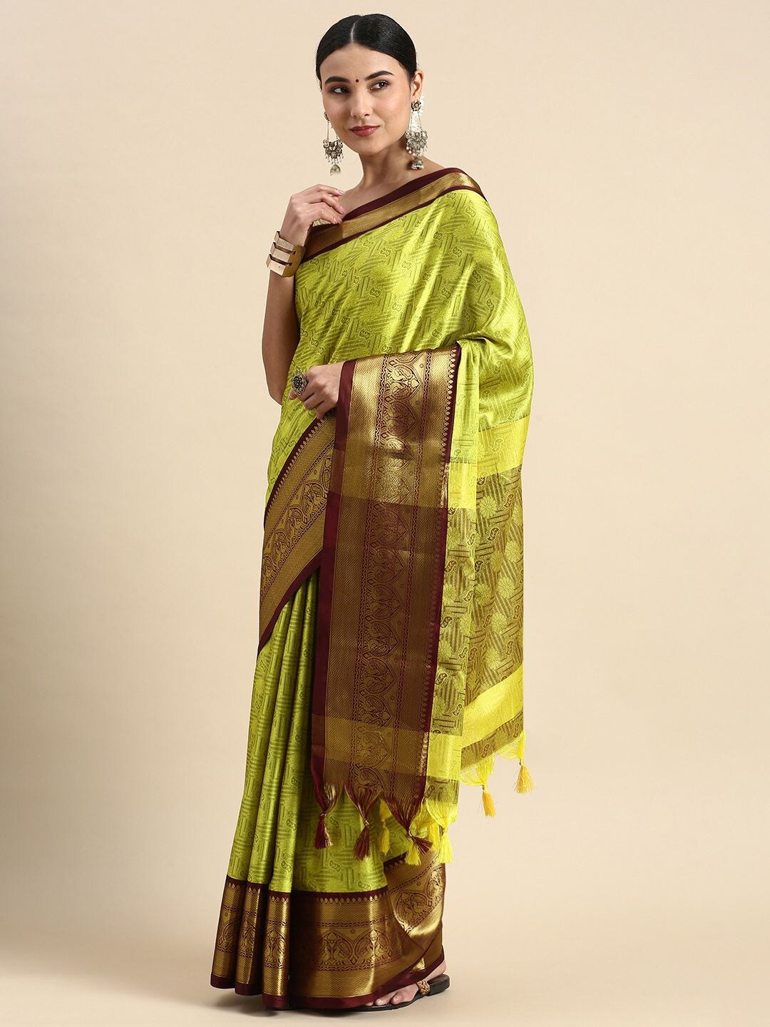 

Nimidiya Floral Woven Design Zari Silk Cotton Saree, Lime green