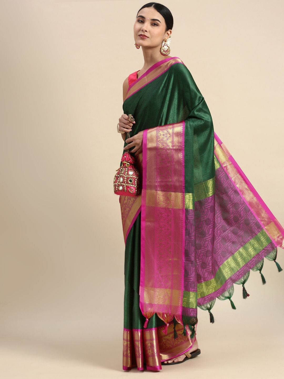 

Nimidiya Floral Woven Design Zari Silk Cotton Saree, Green