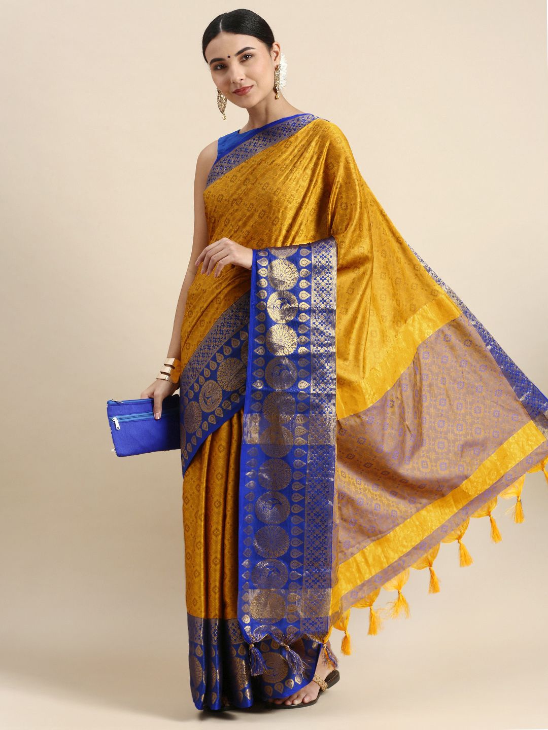 

Nimidiya Floral Woven Design Zari Silk Cotton Saree, Mustard