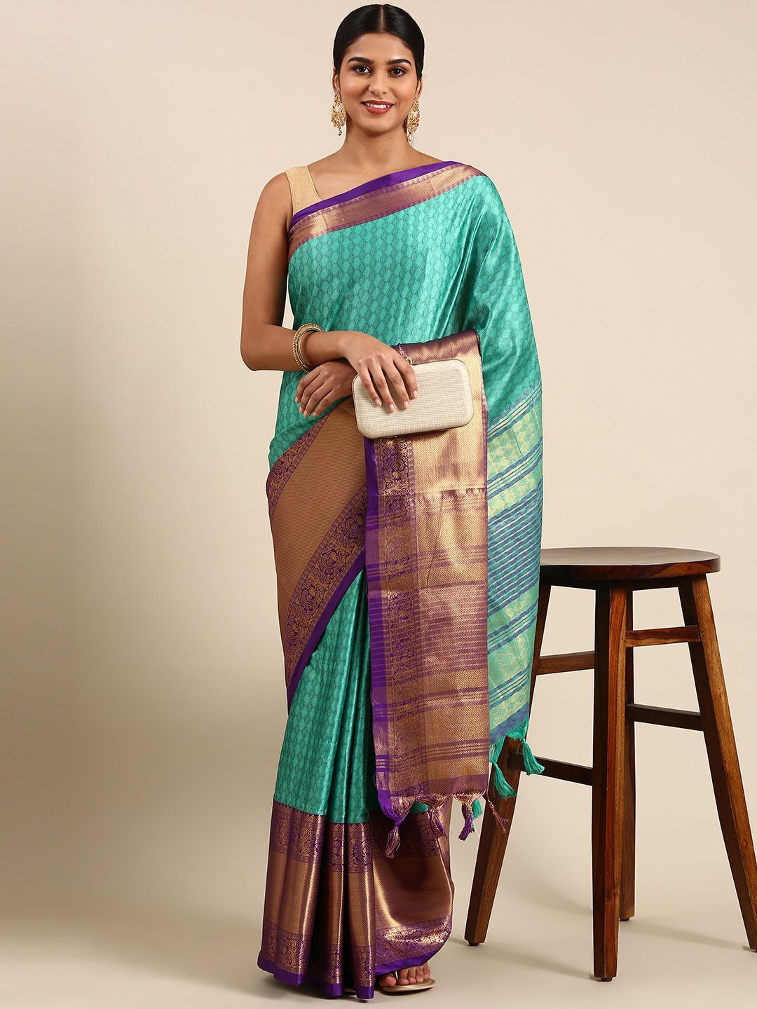 

Nimidiya Ethnic Motif Woven Design Zari Silk Cotton Saree, Sea green