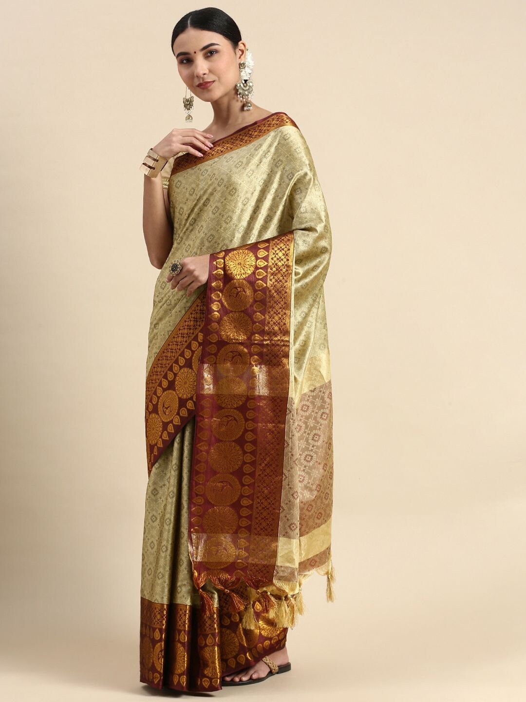 

Nimidiya Floral Woven Design Zari Silk Cotton Saree, Beige