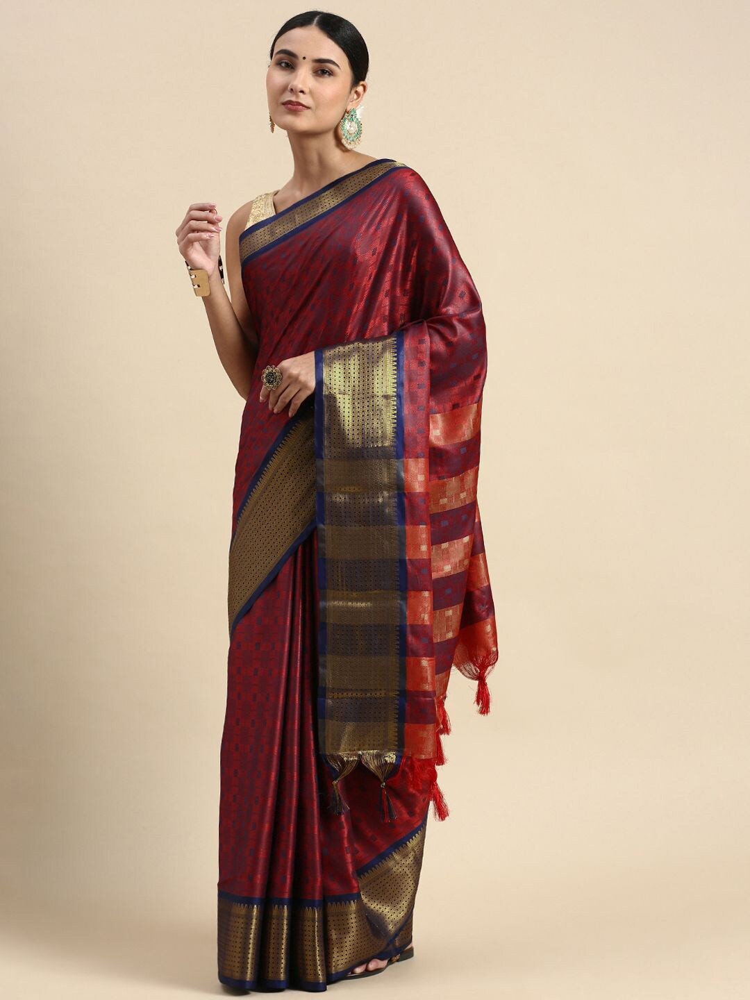 

Nimidiya Woven Design Zari Silk Cotton Saree, Maroon