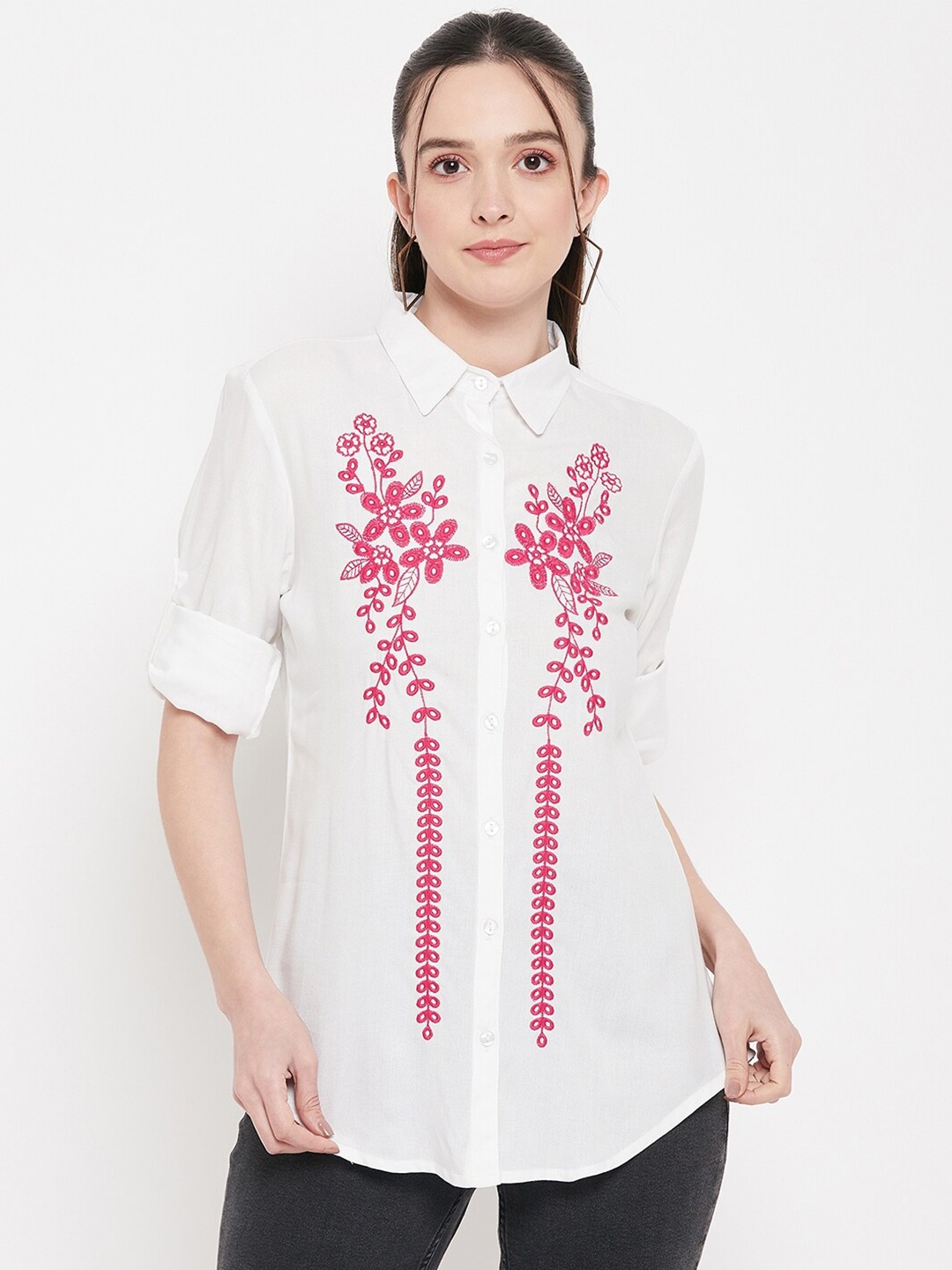 Ruhaans Floral Embroidered Long Sleeves Classic Fit Casual Shirt, White