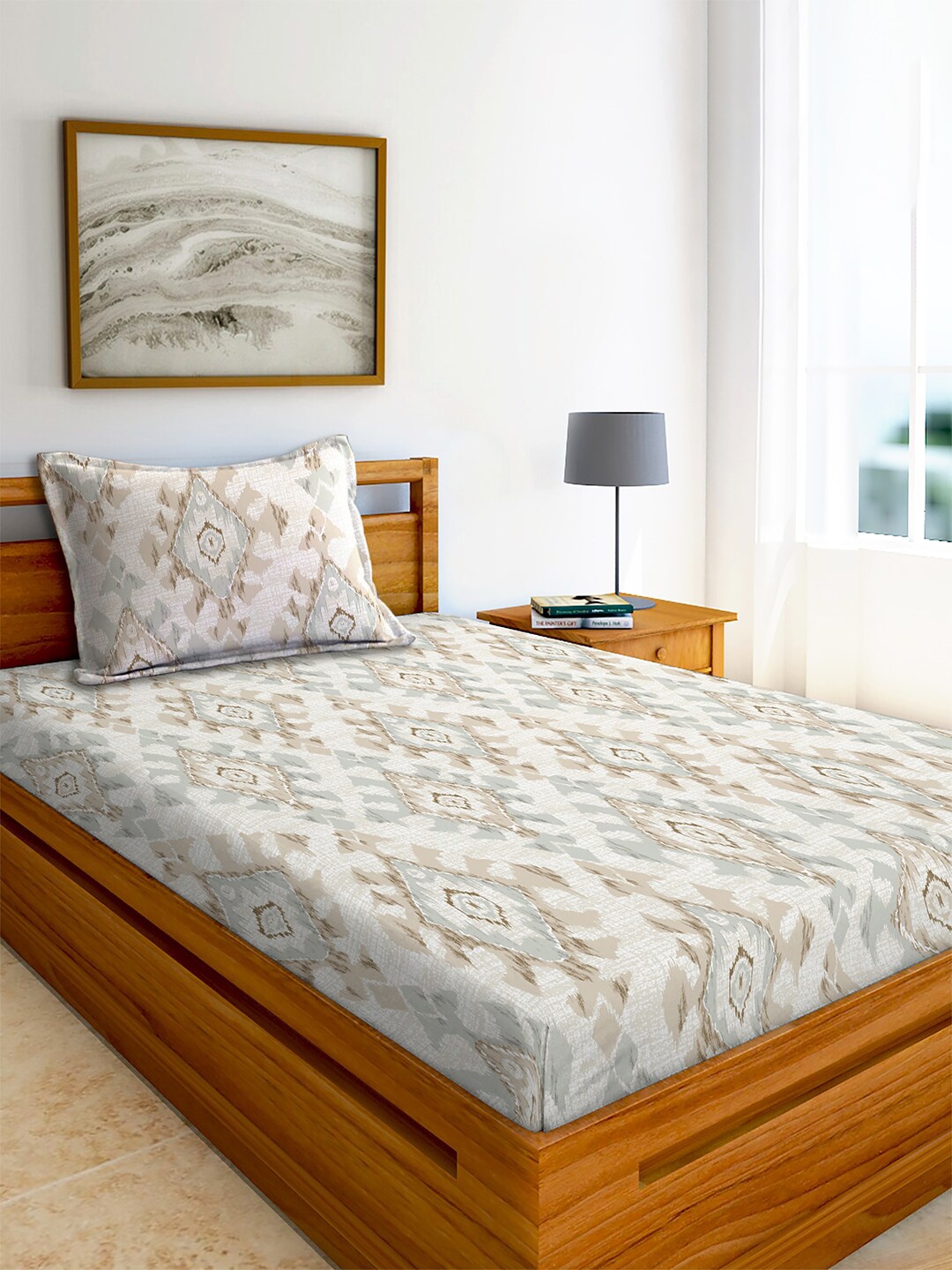 

AEROHAVEN Yamuna Off White & Grey Printed 240 TC Cotton Single Bedsheet & 1 Pillow Cover