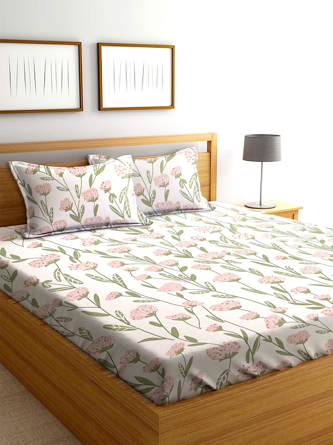 

AEROHAVEN Yamuna White & Pink Printed 240 TC Cotton Queen Bedsheet & 2 Pillow Covers