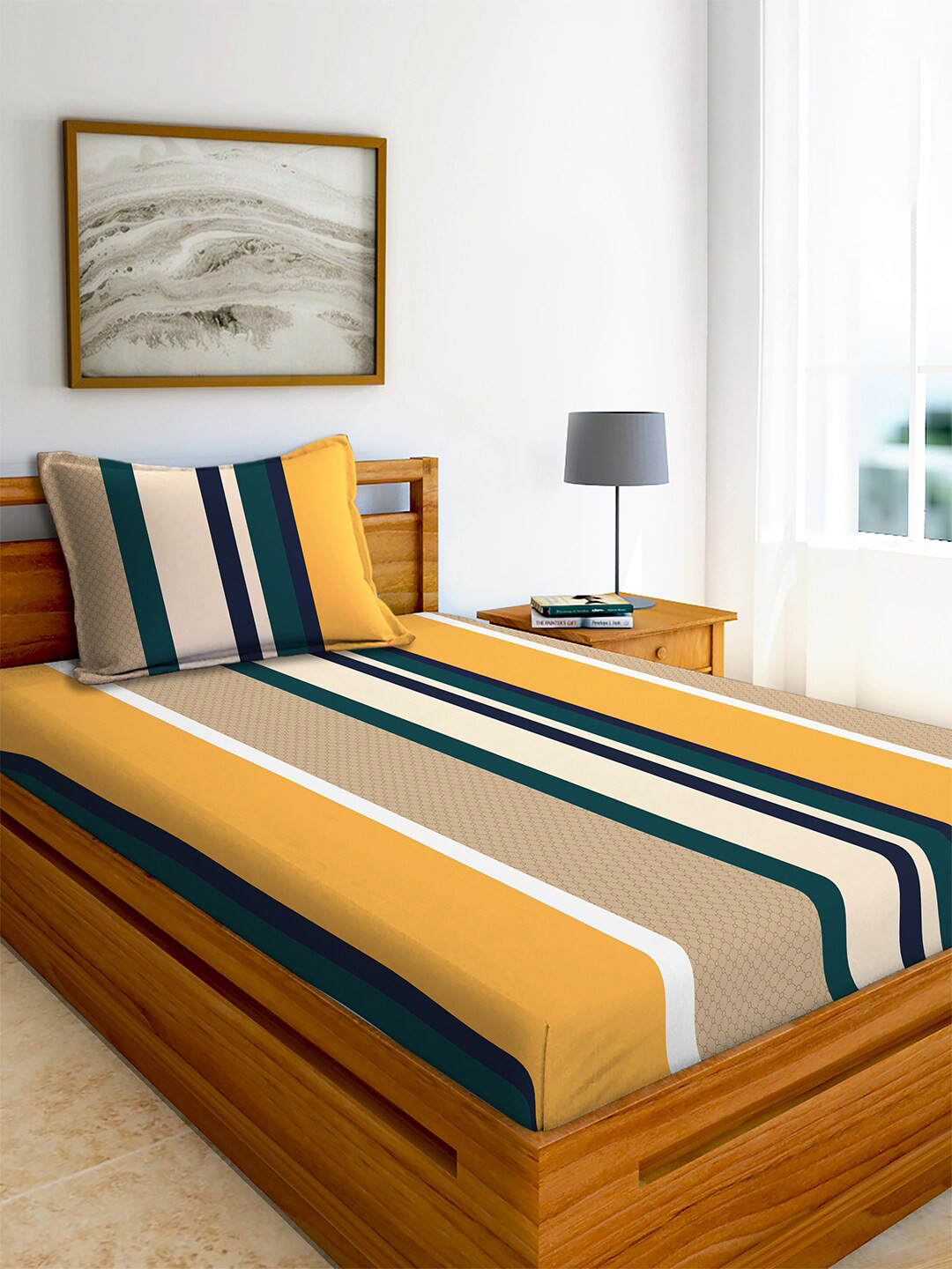 

AEROHAVEN Yamuna Yellow & Green Striped 240 TC Cotton Single Bedsheet & 1 Pillow Cover