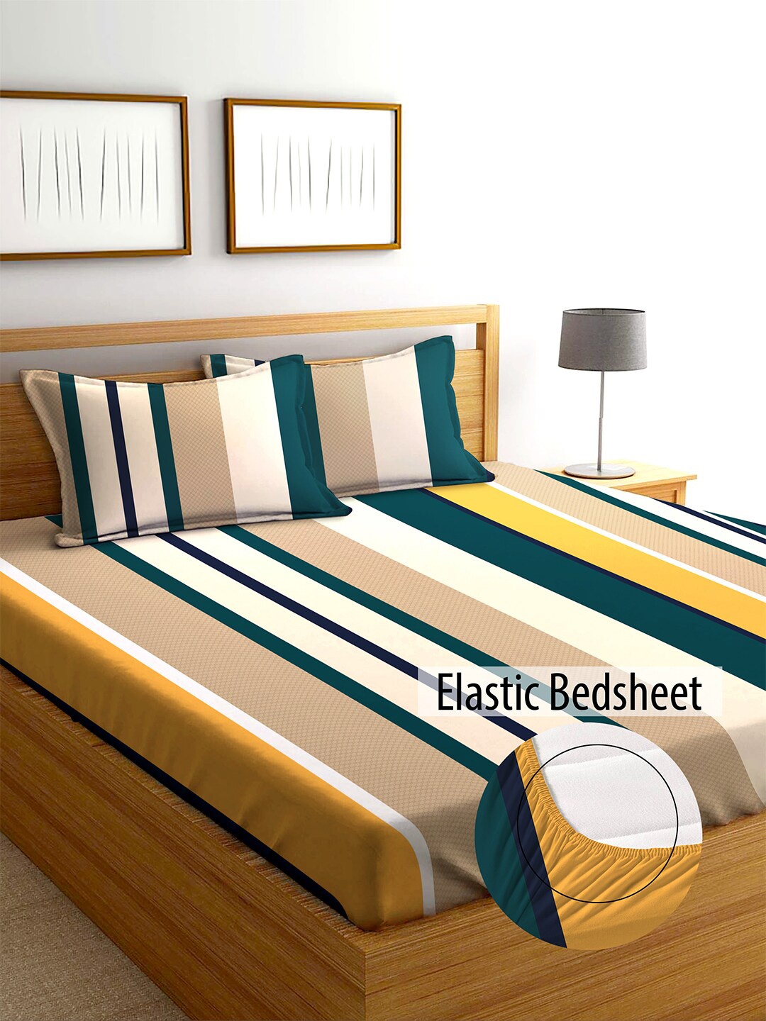 

AEROHAVEN Yamuna Yellow & Green Striped 240 TC Fitted Cotton King Bedsheet Set