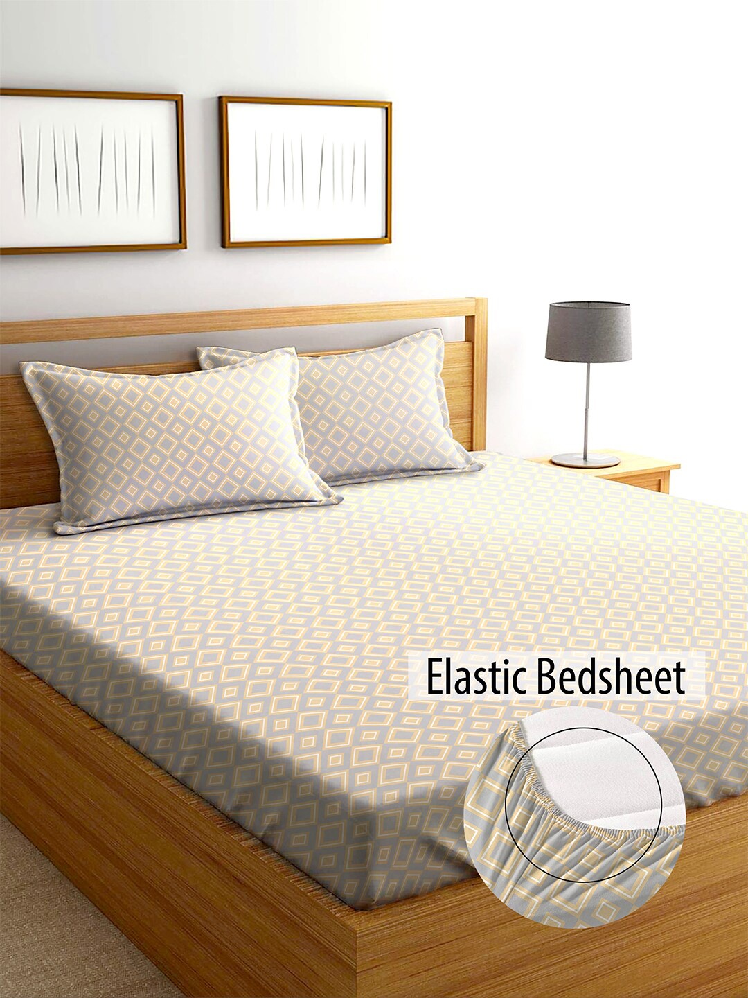 

AEROHAVEN Yamuna Grey & Beige Printed 240 TC Fitted Cotton King Bedsheet Set