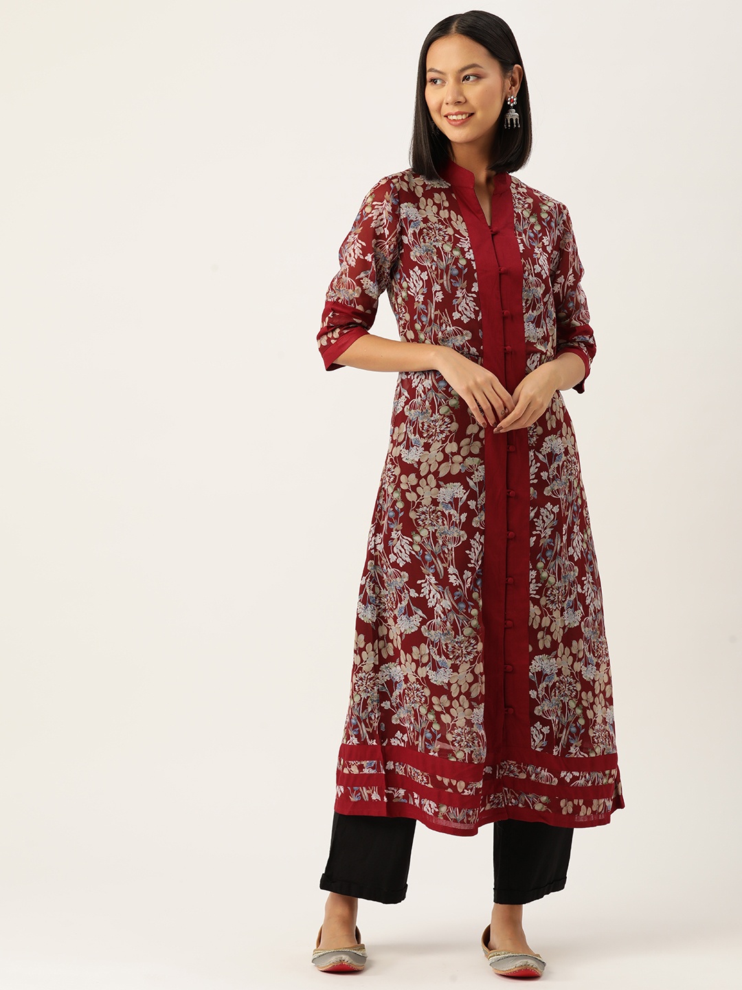 

Alsace Lorraine Paris Floral Printed Georgette Kurta, Maroon