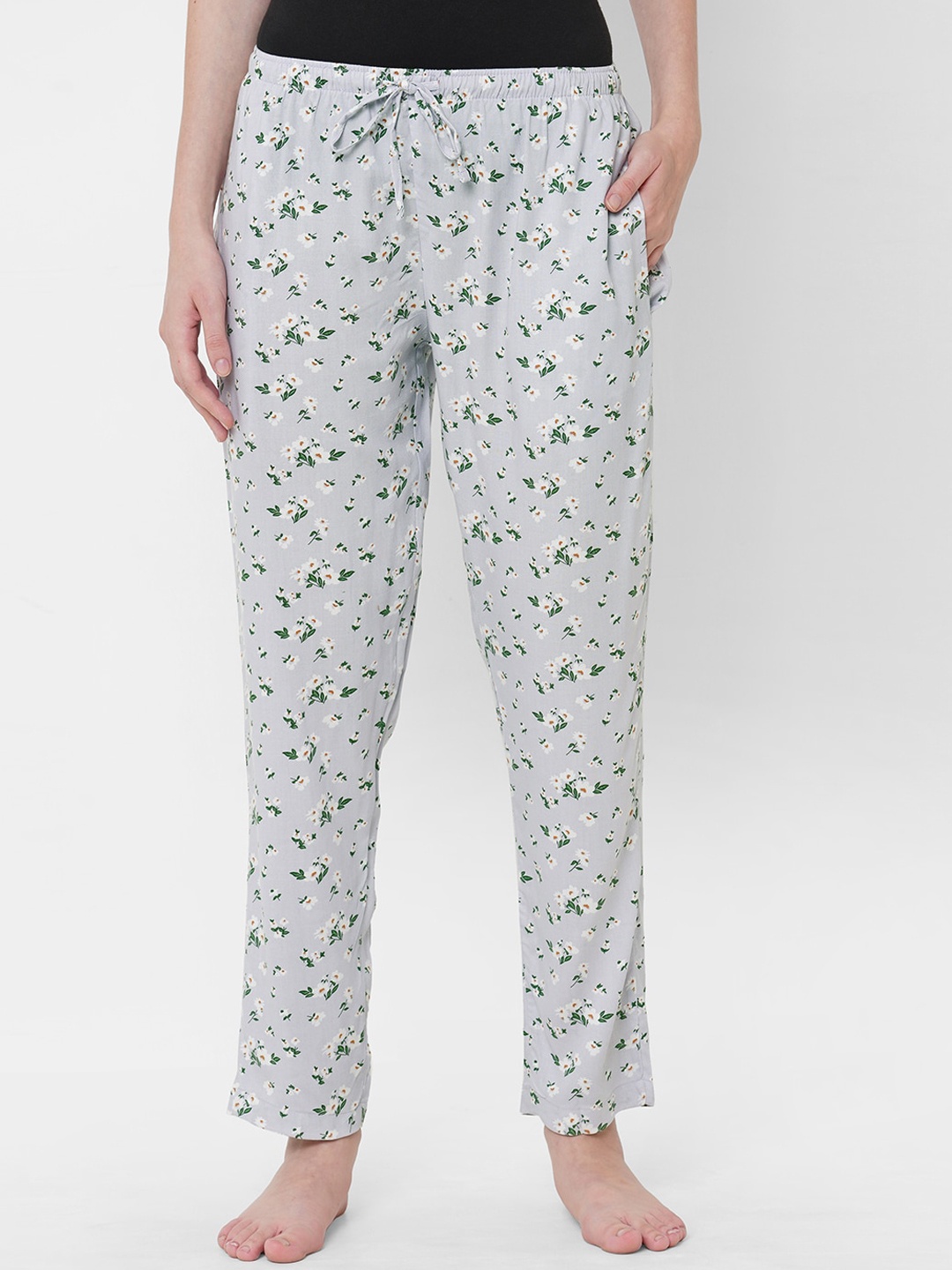 URBAN SCOTTISH Women Floral Printed Mid-Rise Straight Lounge Pants, Grey