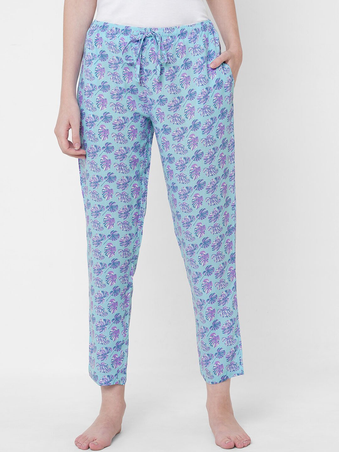 URBAN SCOTTISH Women Printed Mid-Rise Lounge Pants, Blue