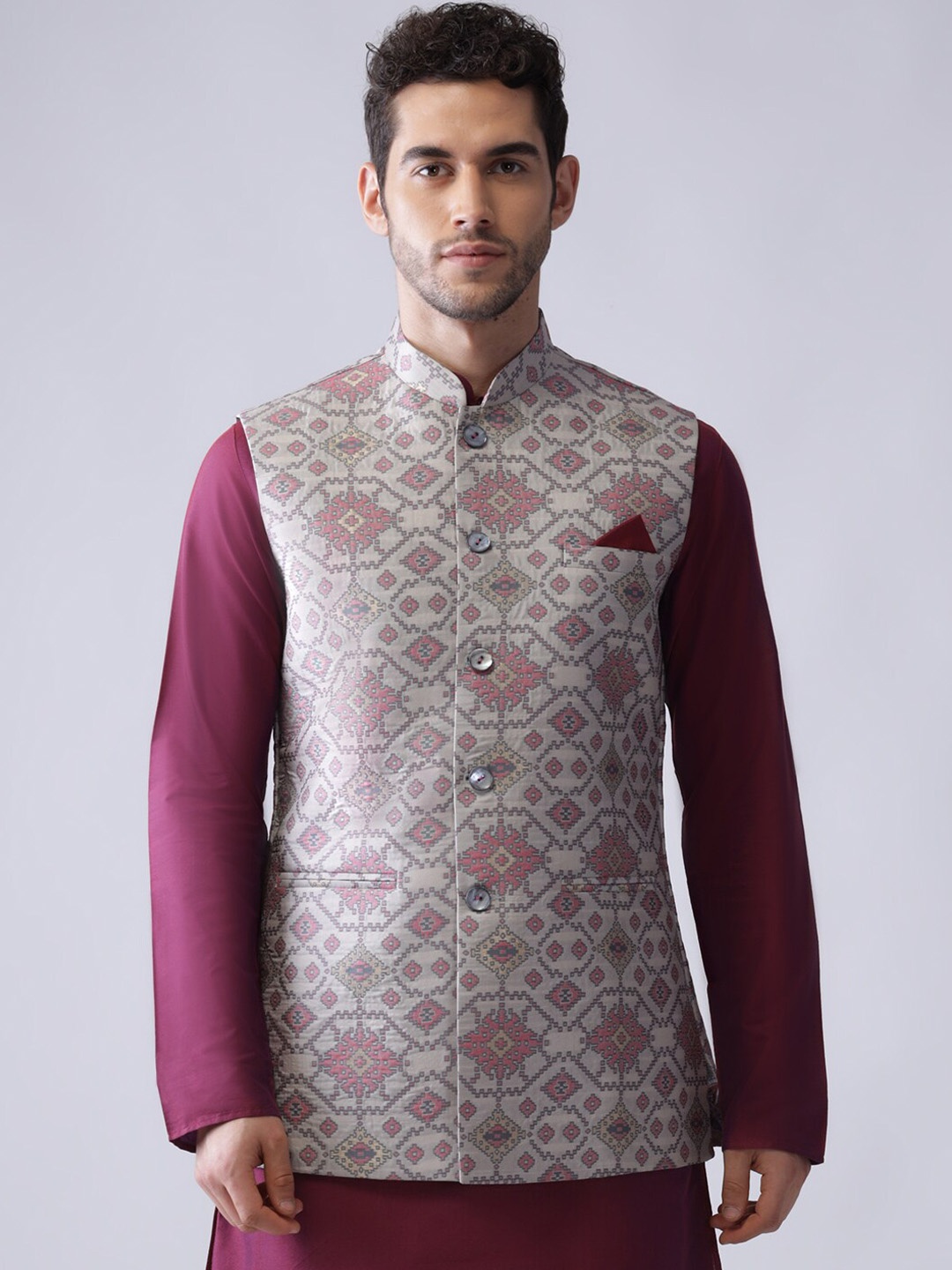 

KISAH Woven Design Nehru Jackets With Pocket Square, Grey