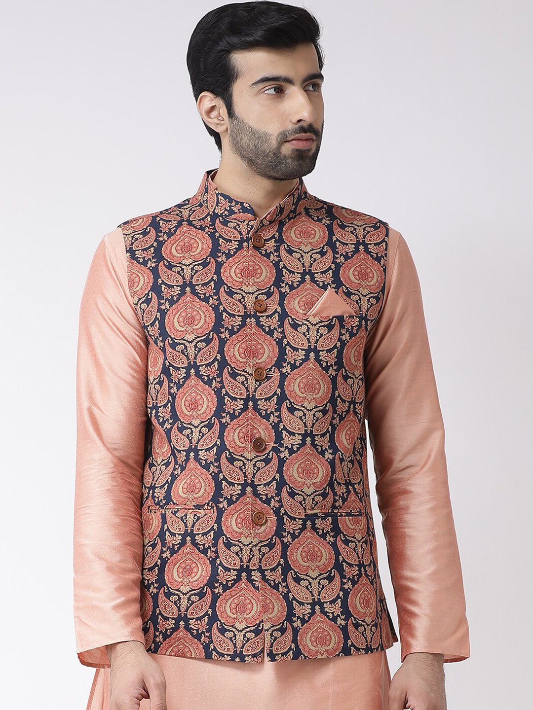 

KISAH Ethnic Motif Printed Nehru Jackets With pocket square, Navy blue