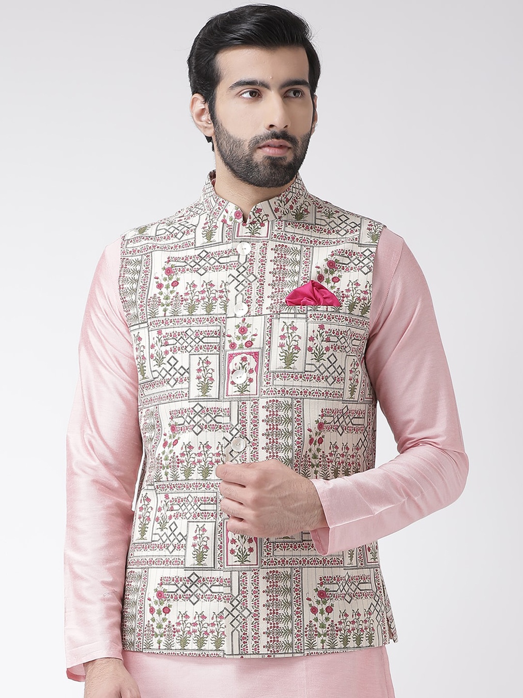KISAH Men Printed Zari Regular Fit Nehru Jacket, White