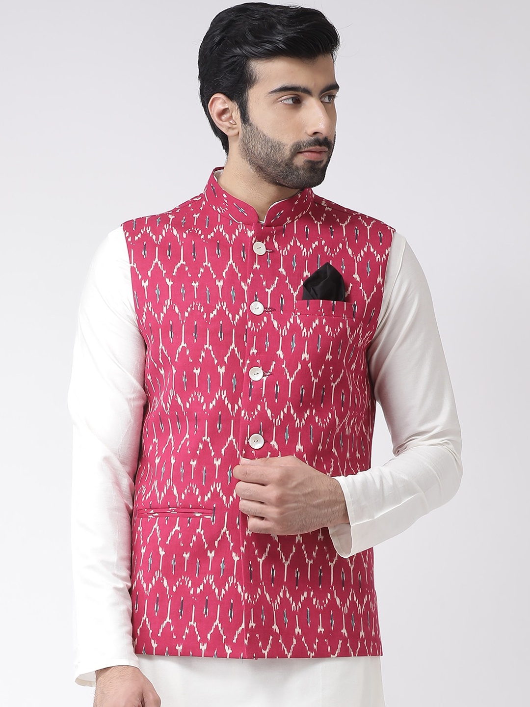 KISAH Men Printed Zari Regular Fit Nehru Jacket, Magenta