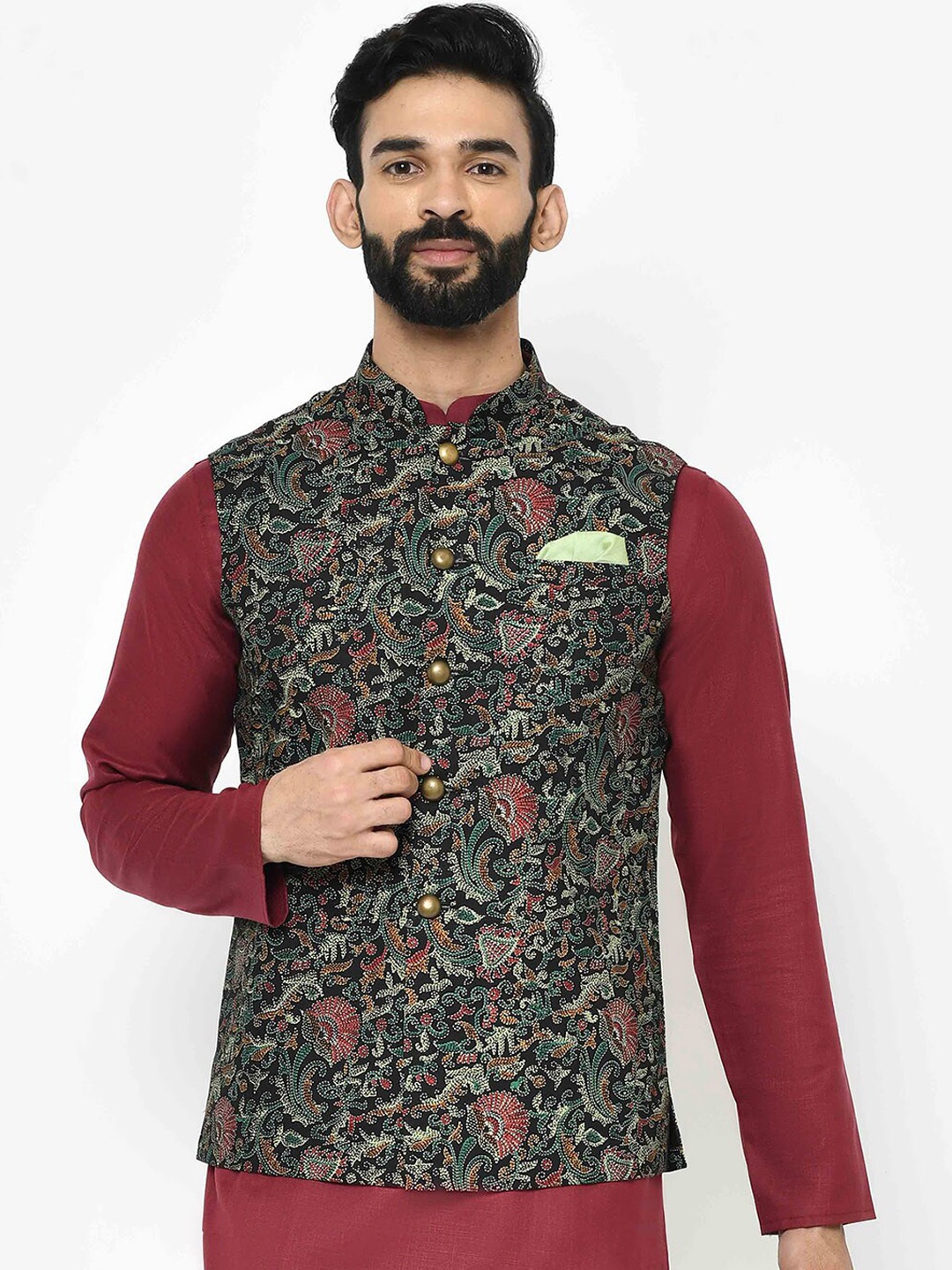 

KISAH Men Kantha Printed Regular Fit Nehru Jacket, Black