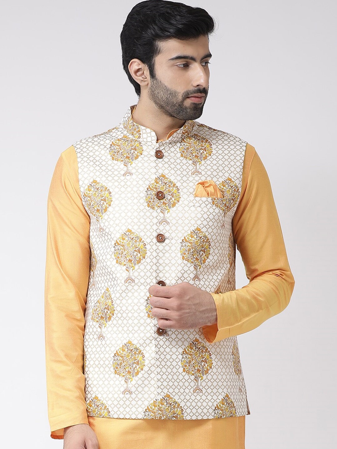 KISAH Ethnic Motif Printed Nehru Jackets With Pocket Square, Grey