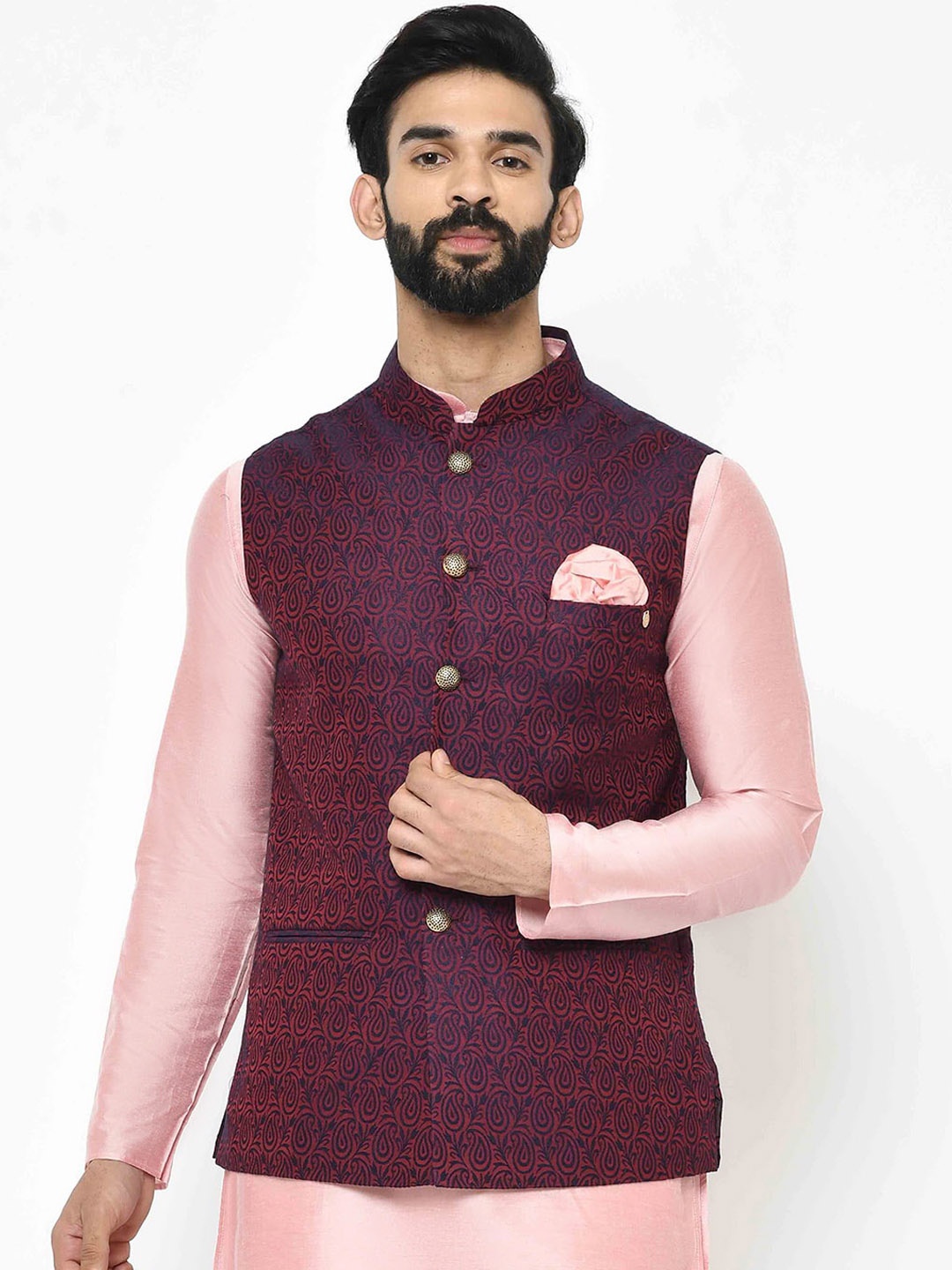 

KISAH Men Textured Zari Regular Fit Nehru Jacket, Purple