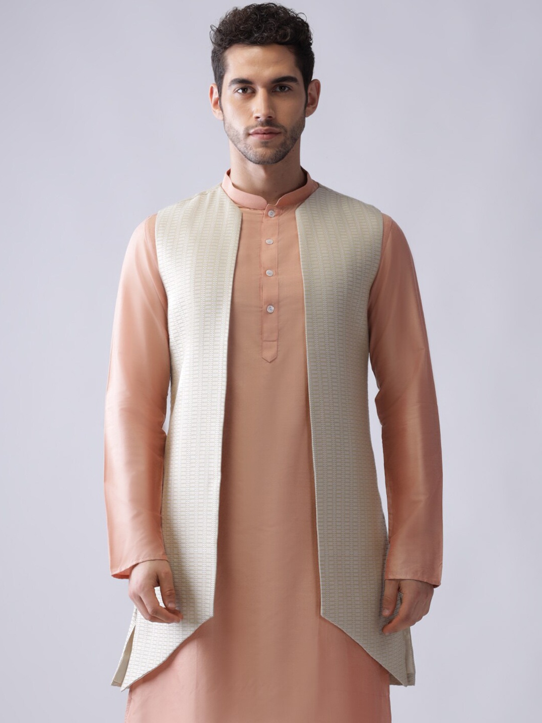 

KISAH Self-Designed Woven Open-Front Nehru Jacket, Grey