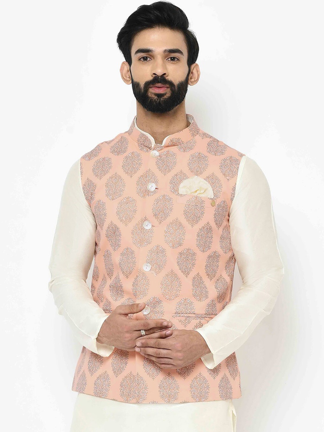 

KISAH Woven Design Nehru Jacket With Pocket Square, Peach