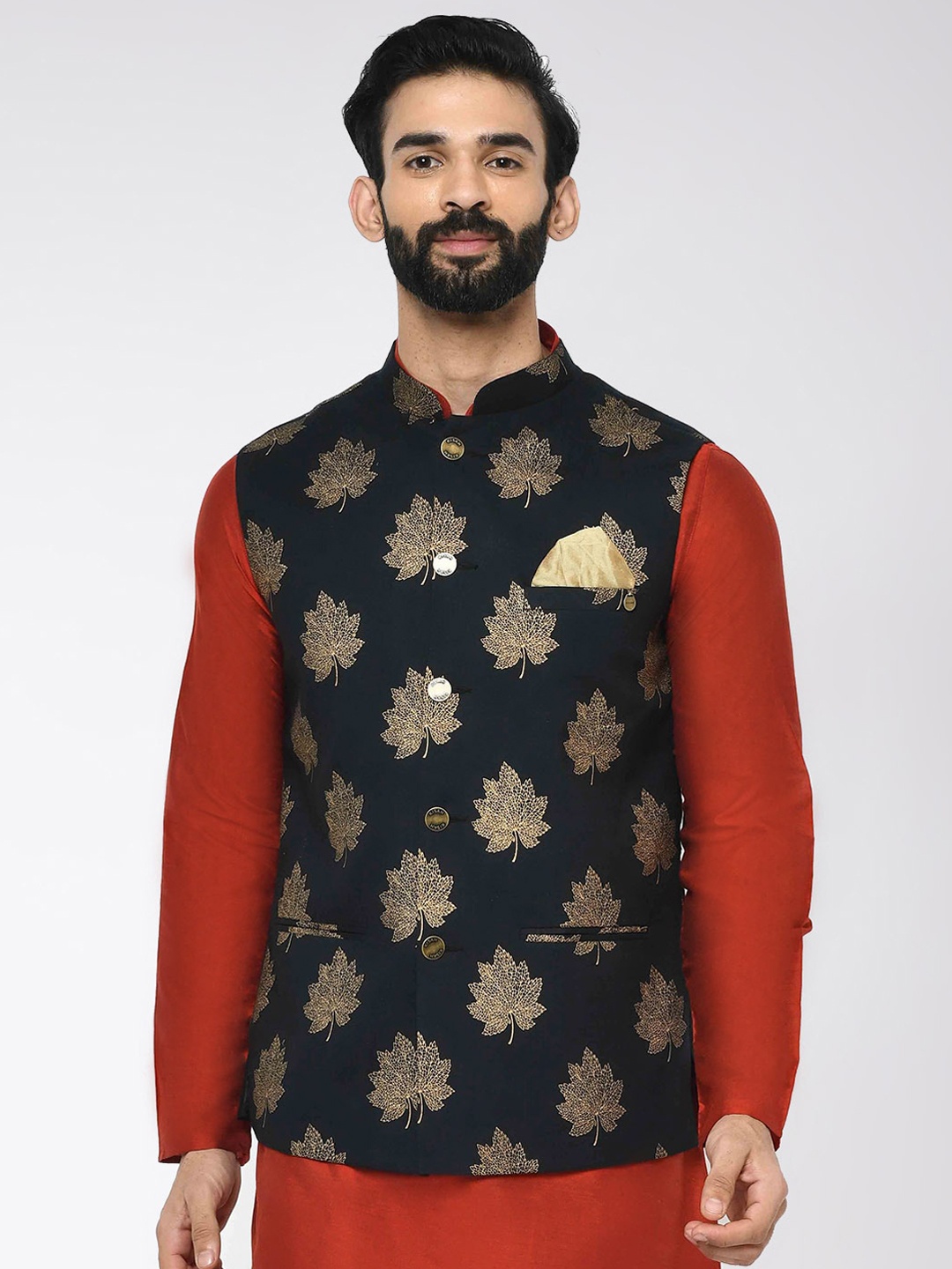 

KISAH Floral Printed Nehru Jackets With Pocket Square, Black