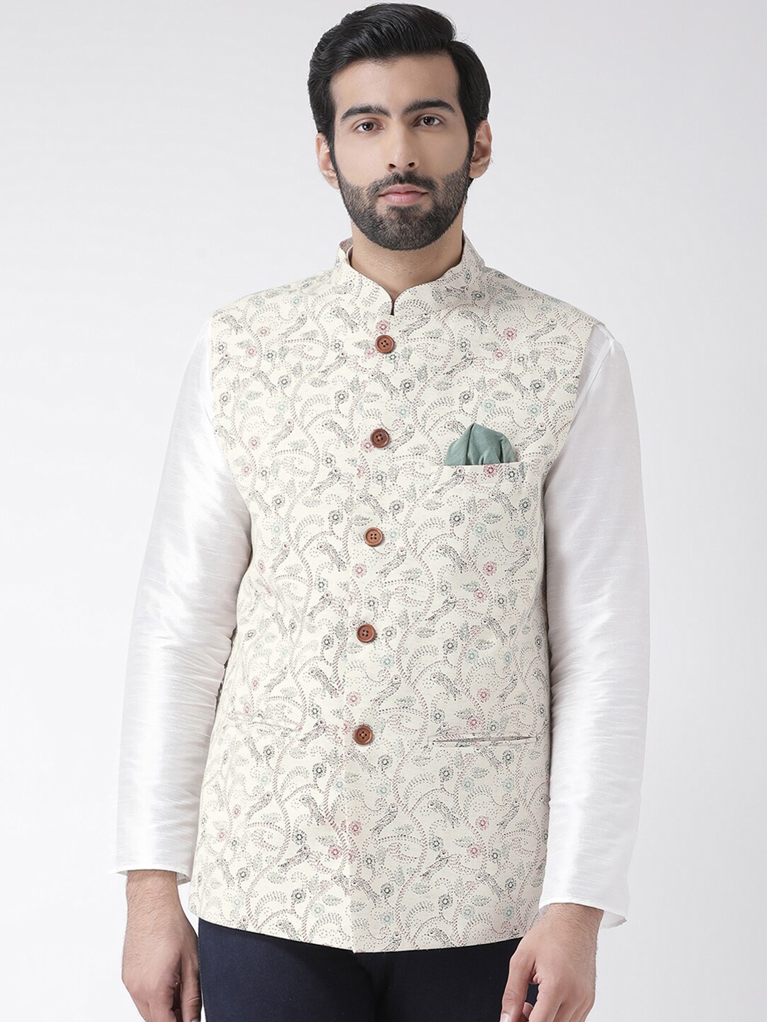 KISAH Men Kantha Printed Regular Fit Nehru Jacket, White
