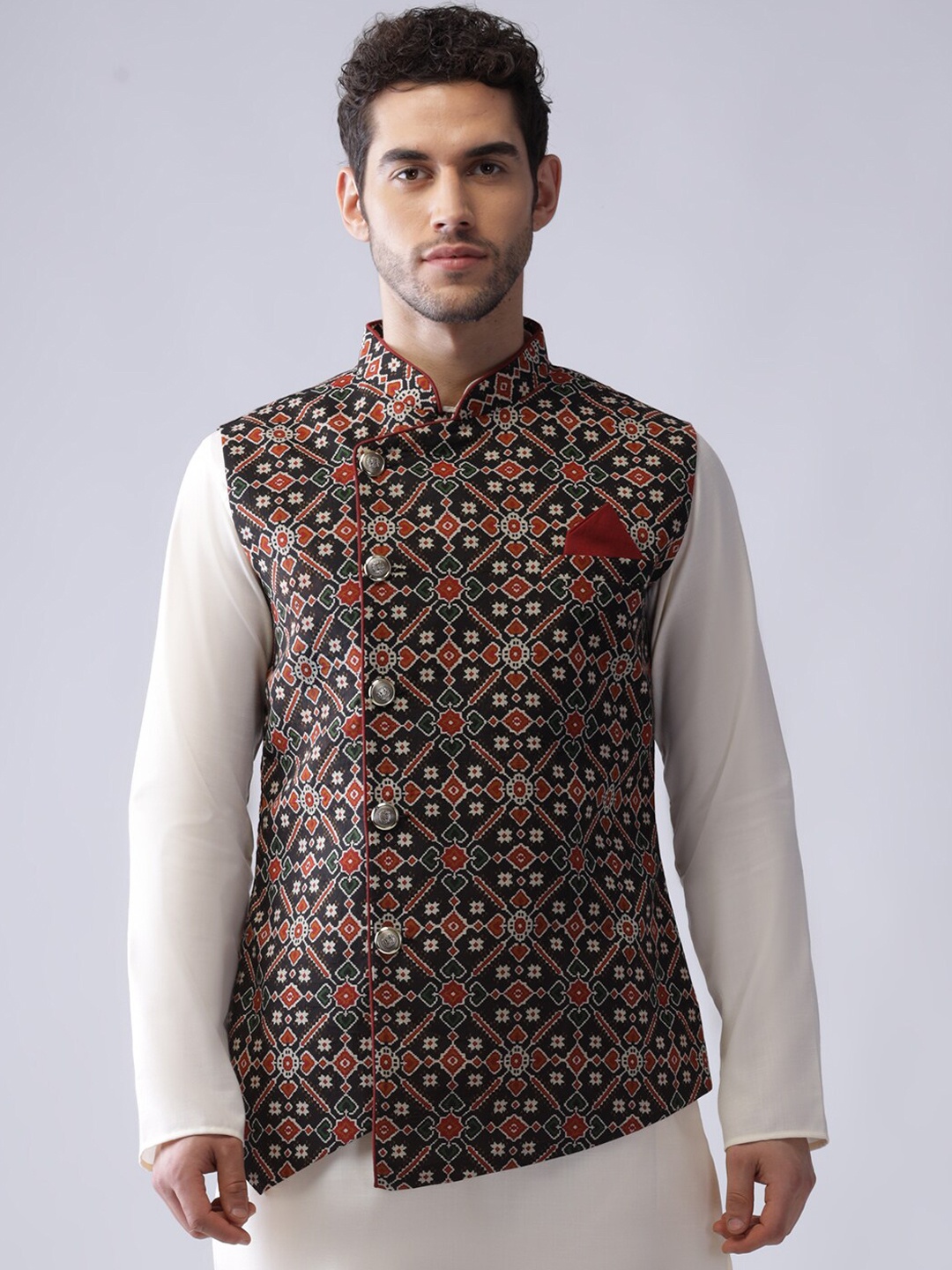 KISAH Ethnic Motif Printed Nehru Jacket With Pocket Square, Black