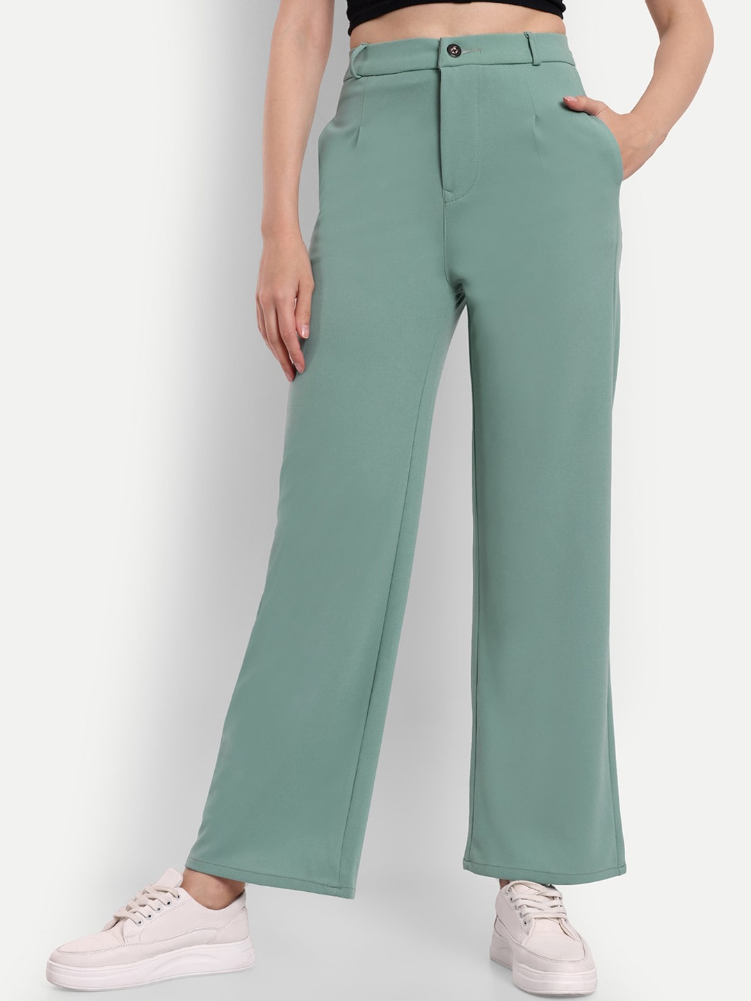 

BROADSTAR Women Straight Fit High-Rise Easy Wash Bootcut Trousers, Green