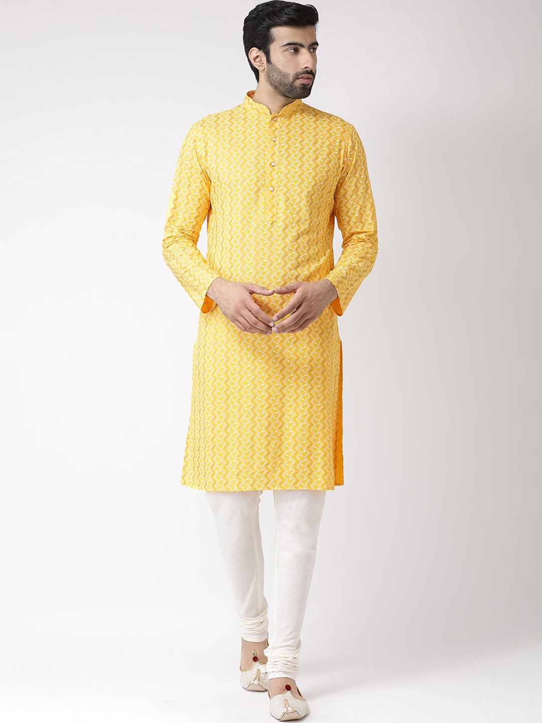 KISAH Men Printed Regular Fit Chevron Print Kurta, Yellow
