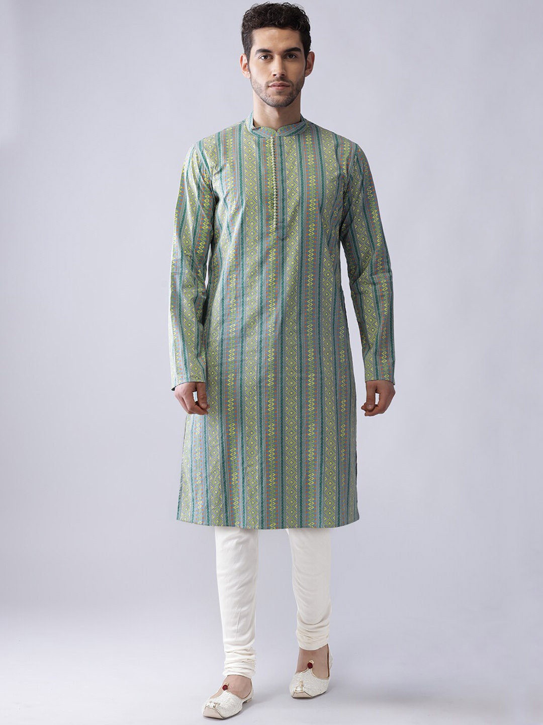

KISAH Striped Mandarin Collar Straight Kurta, Sea green