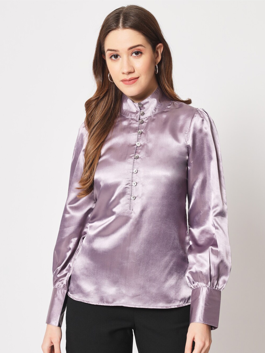 

CHARMGAL High Neck Cuffed Sleeves Satin Casual Shirt, Pink