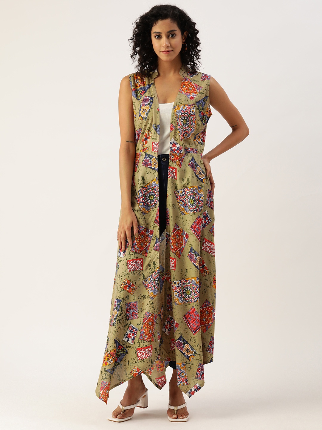 

Alsace Lorraine Paris Women Printed Longline Waterfall Shrug, Olive