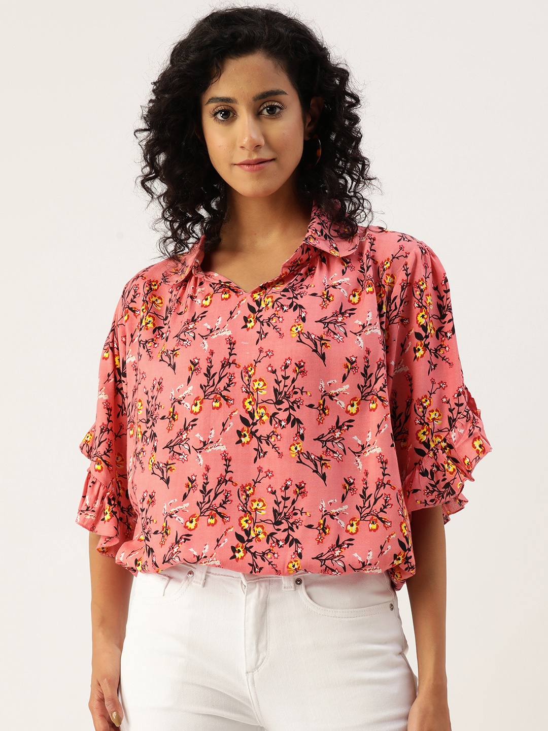

Alsace Lorraine Paris Floral Print Flared Sleeve Shirt Style Top, Pink