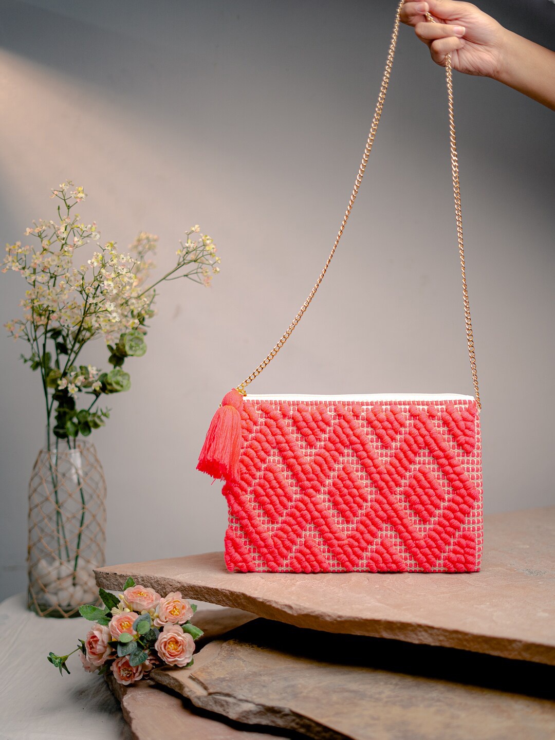 

NR By Nidhi Rathi Women Embroidered Fabric Sling Bag, Pink